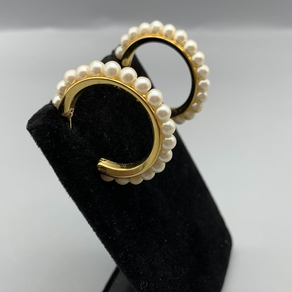 Gold-tone 1 1/4 inch Pierced Hoop Earrings with Faux Pearls